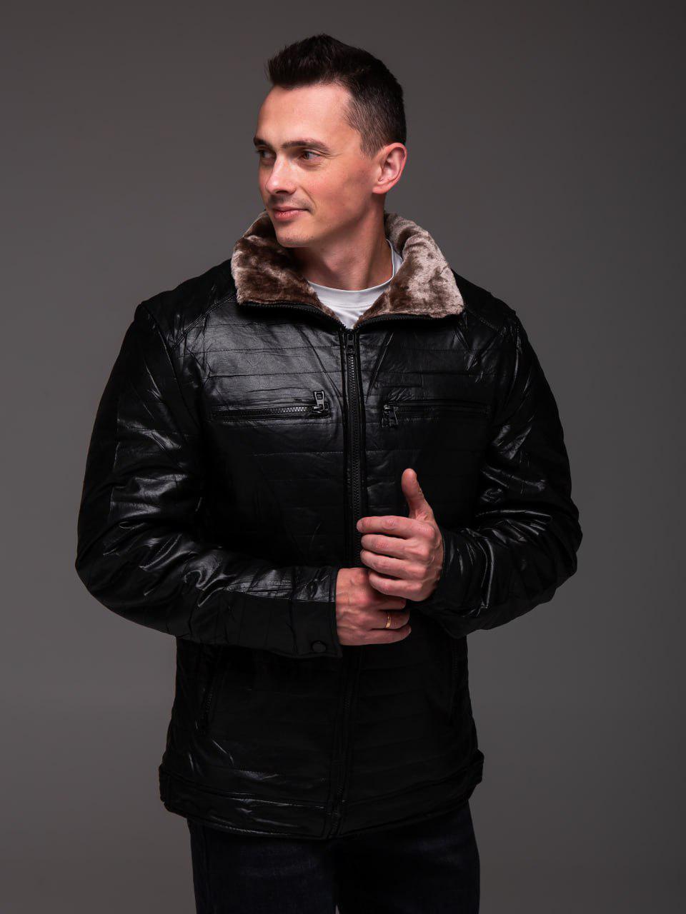 Куртка чоловіча зимова з еко шкіри на хутрі стьобана L Чорний (2297/2) - фото 2 Куртка чоловіча зимова з еко шкіри на хутрі стьобана L Чорний (2297/2) - фото 2