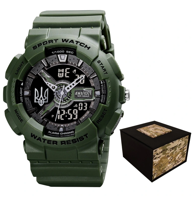 Наручний годинник Awarder 005 Тризуб срібло з коробкою Army Green (26277)