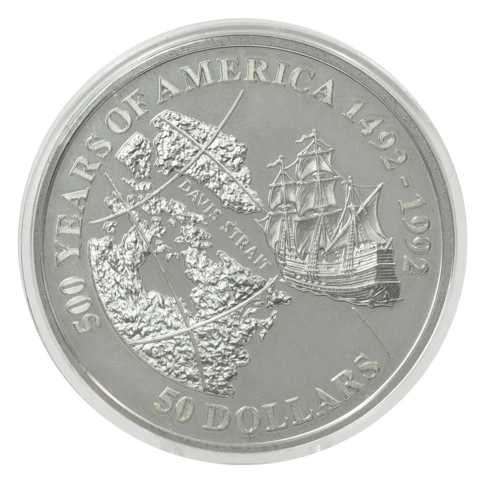 Коллекционная монета Острова Кука 50 долларов 1992 серебро Proof 500 лет Открытию Америки-Пролив Дэвиса (М22617)