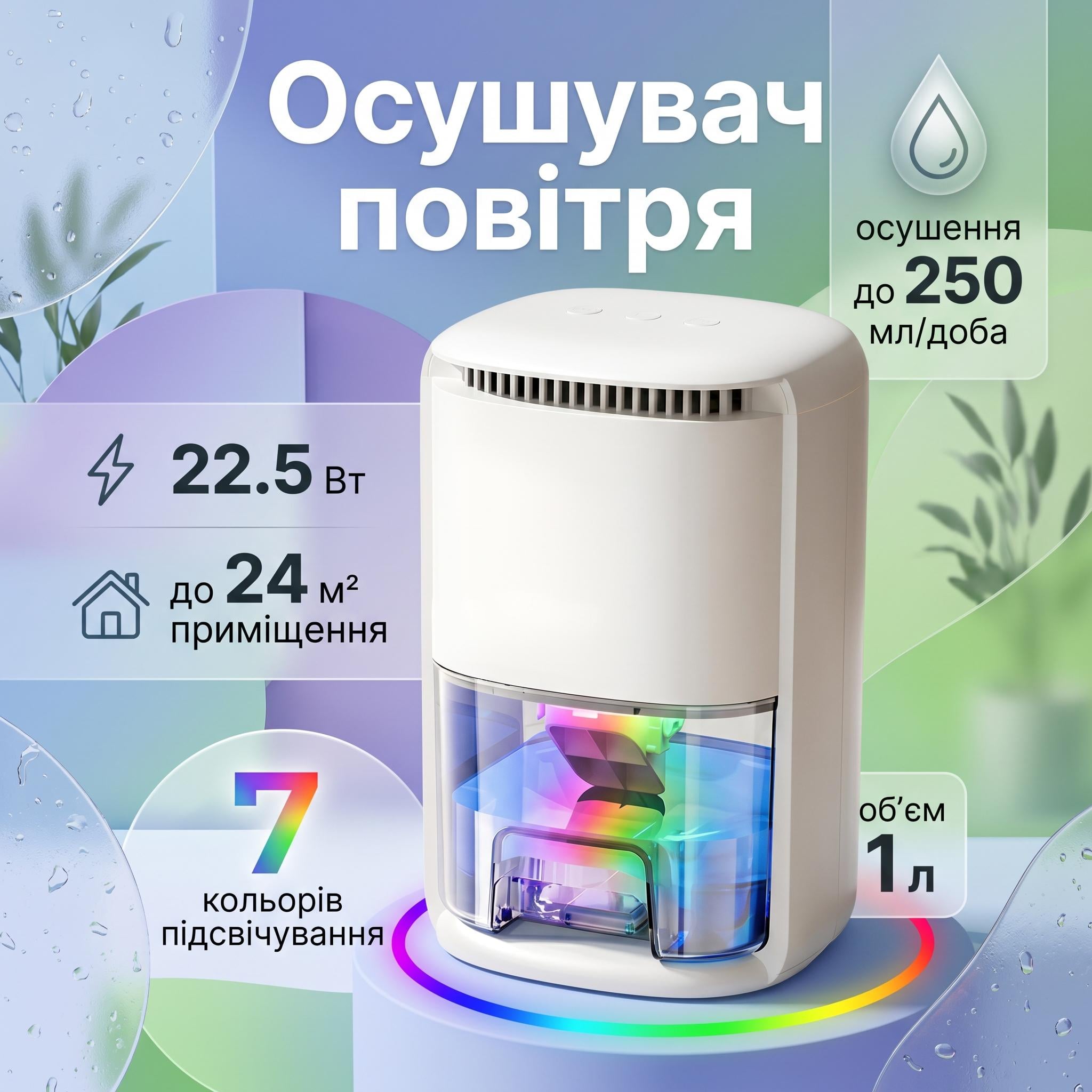 Осушувач та очищувач повітря 250 мл/добу 1000 мл 24 м2 Білий (0277-0001) - фото 2