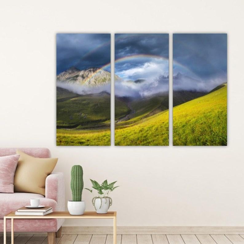 Модульная картина KIL Art Зеленые склоны и радуга на холсте из трех частей 78x48 см (M3_M_576)