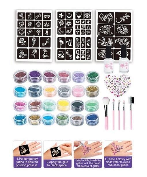 Детский набор для тату 784-9 24 цвета глиттера 2 бутылочки клея трафареты наклейки - фото 2 Детский набор для тату 784-9 24 цвета глиттера 2 бутылочки клея трафареты наклейки - фото 2
