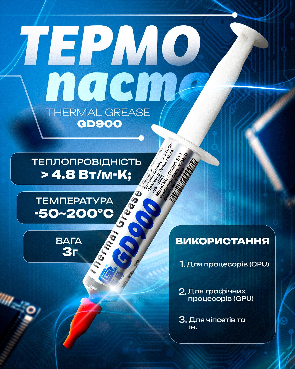 Термопаста для процессоров и видеокарт Thermal Grease GD900 в шприце 3 г (22932148) - фото 2 Термопаста для процессоров и видеокарт Thermal Grease GD900 в шприце 3 г (22932148) - фото 2