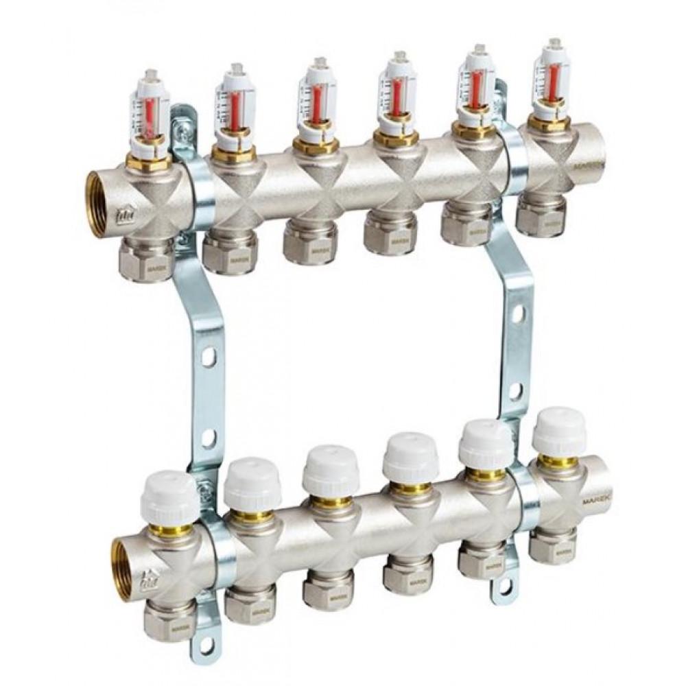 Комплект колекторів MAREK 1"x3/4" з латуні в зборі з витратомірами на 6 виходів (260132588)