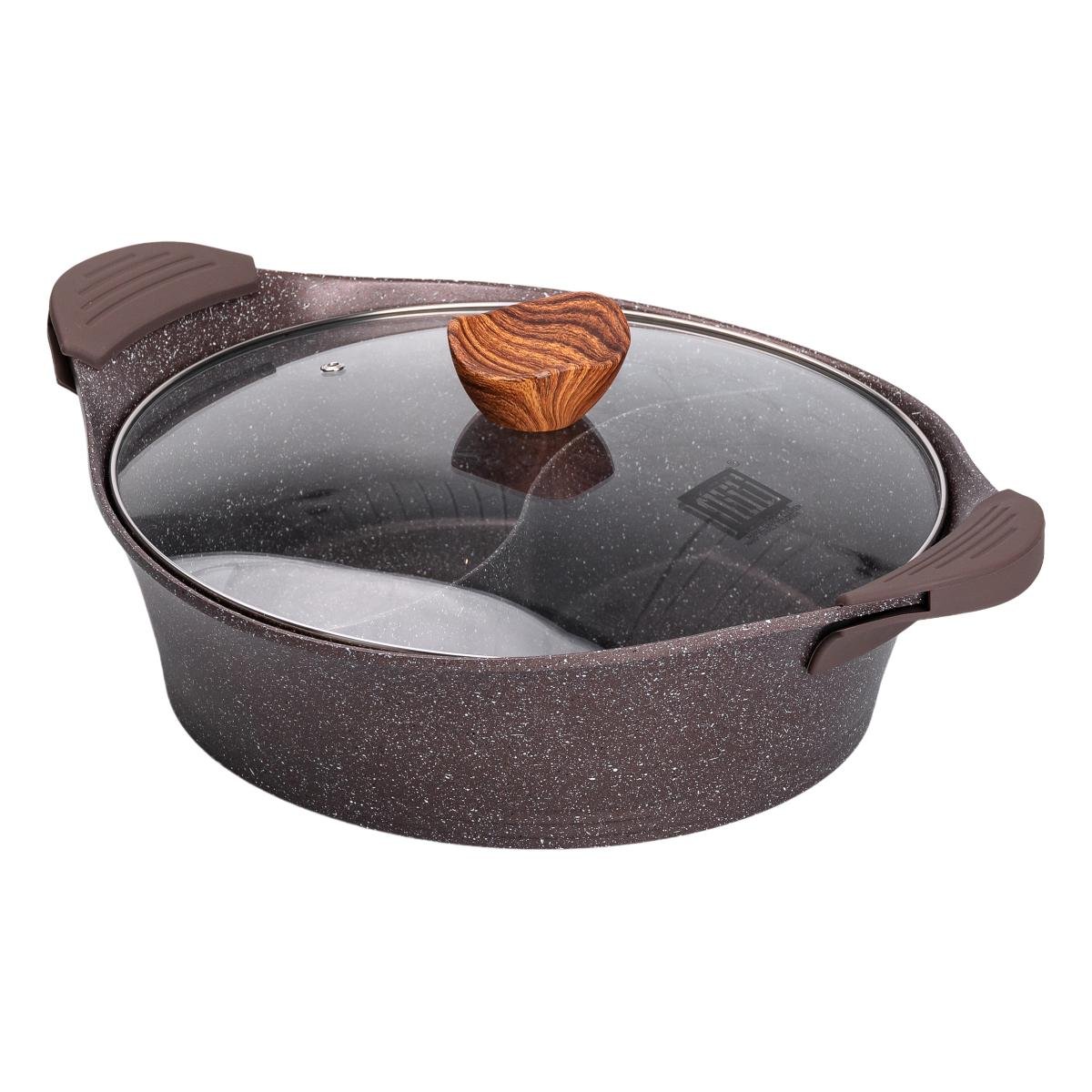 Кастрюля с разделителем MGC для шабу-шабу алюминиевая с антипригарным покрытием стеклянная крышка 4 л Коричневый - фото 5 Кастрюля с разделителем MGC для шабу-шабу алюминиевая с антипригарным покрытием стеклянная крышка 4 л Коричневый - фото 5