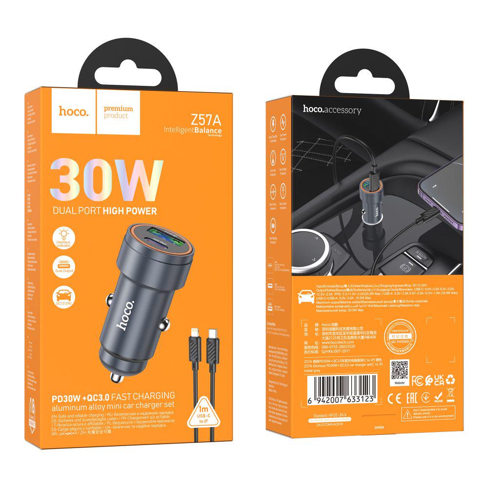 Зарядний пристрій автомобільний Hoco Z57A 1USB/1USB-C PD30W/QC3,0+Type-C to Lightning (29293918) - фото 3 Зарядний пристрій автомобільний Hoco Z57A 1USB/1USB-C PD30W/QC3,0+Type-C to Lightning (29293918) - фото 3