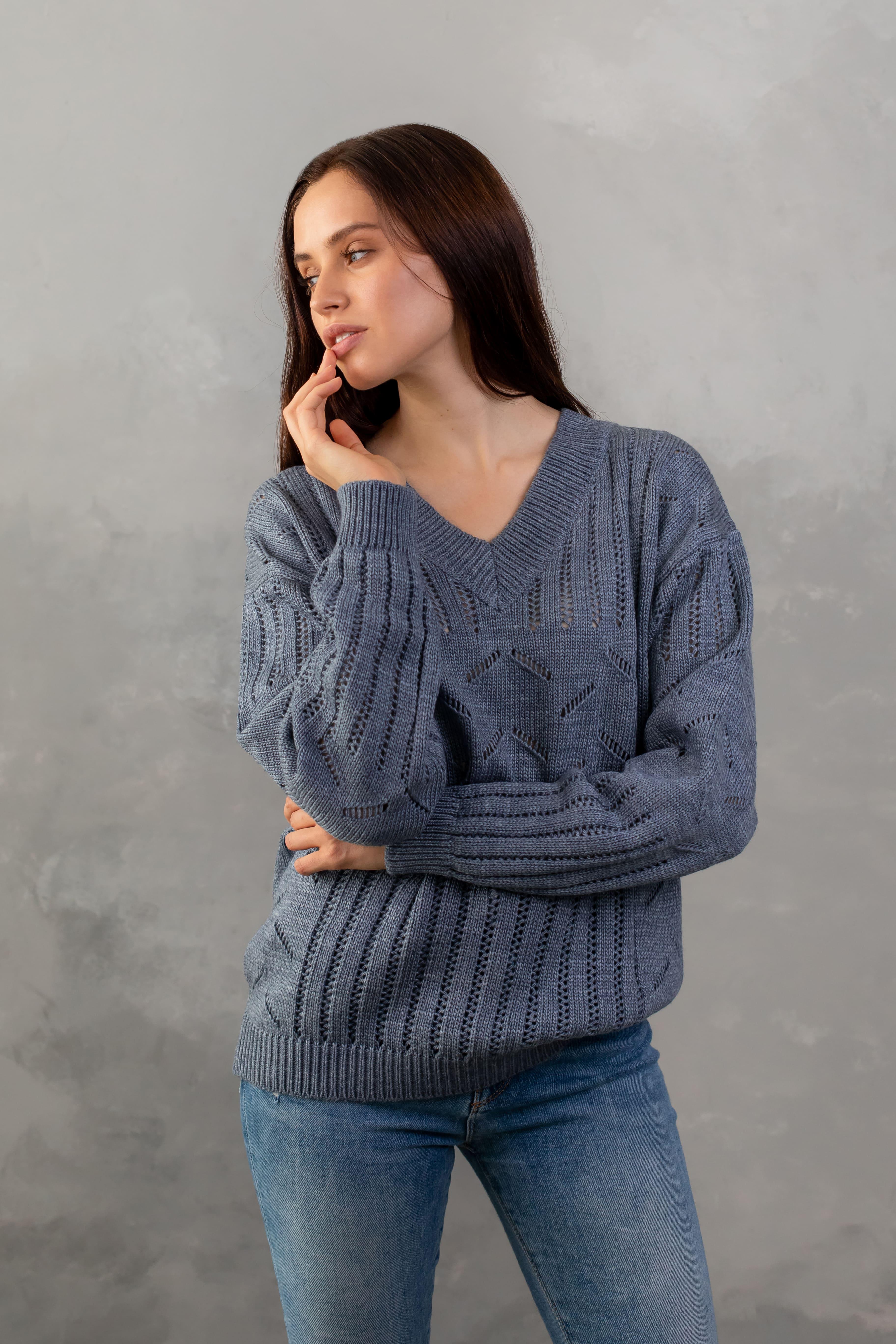 Джемпер женский с V-образным вырезом S-L Джинс (Bakhur 3236 Джинс) - фото 3 Джемпер женский с V-образным вырезом S-L Джинс (Bakhur 3236 Джинс) - фото 3