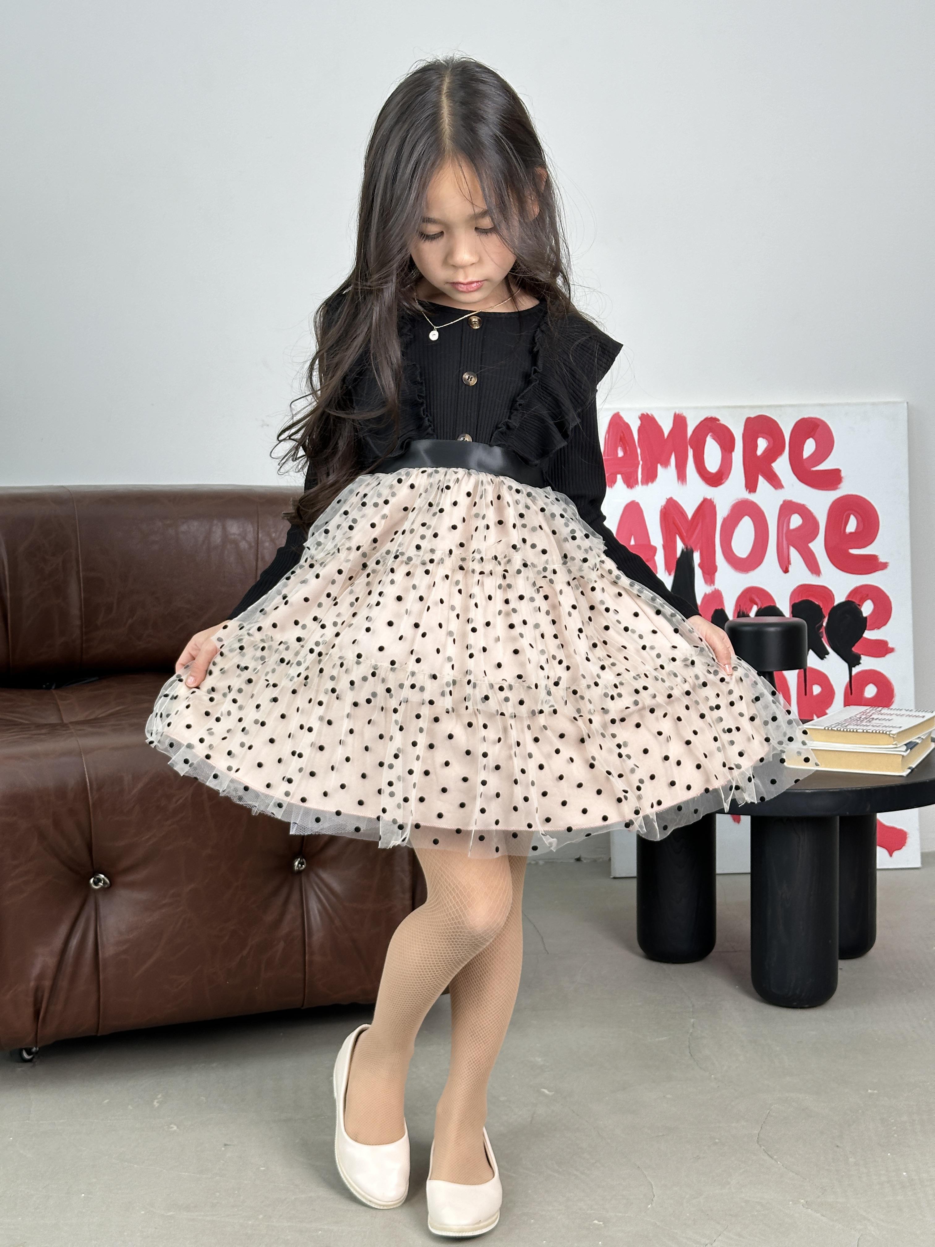 Платье праздничное детское KatyKids Эмилия с длинным рукавом и пышной юбкой в горох 110 см Черный с бежевым (11055360600) - фото 7 Платье праздничное детское KatyKids Эмилия с длинным рукавом и пышной юбкой в горох 110 см Черный с бежевым (11055360600) - фото 7