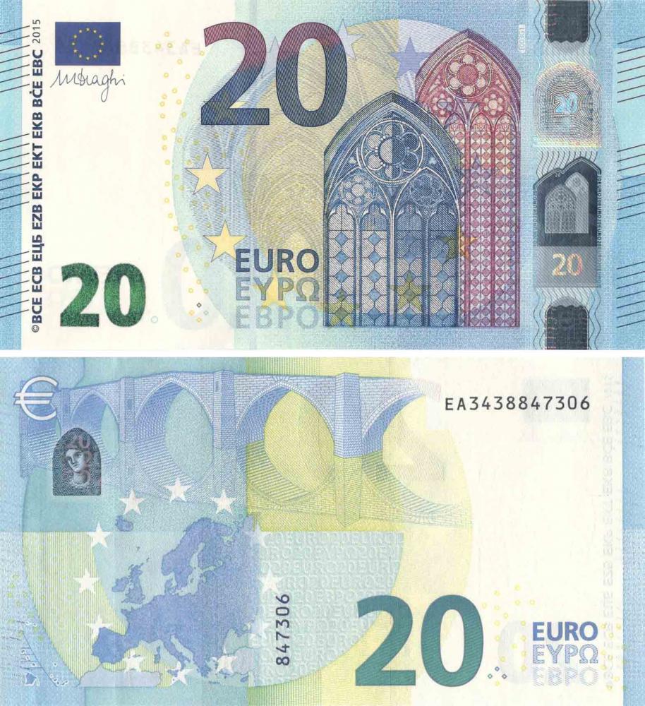 Колекційна банкнота Франція 20 ЄВРО 2015 EA E003 Драгі UNC (Б08694)