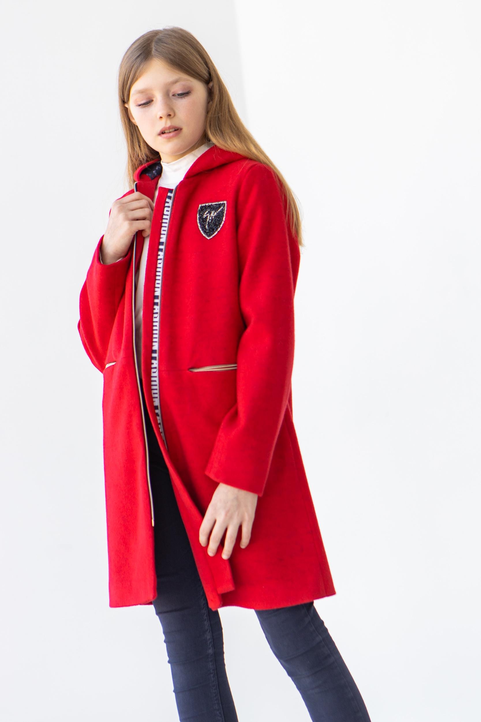 Полупальто демисезонное Diва на подкладке на девушку подростка с капюшоном 152 см Красный (728) - фото 4