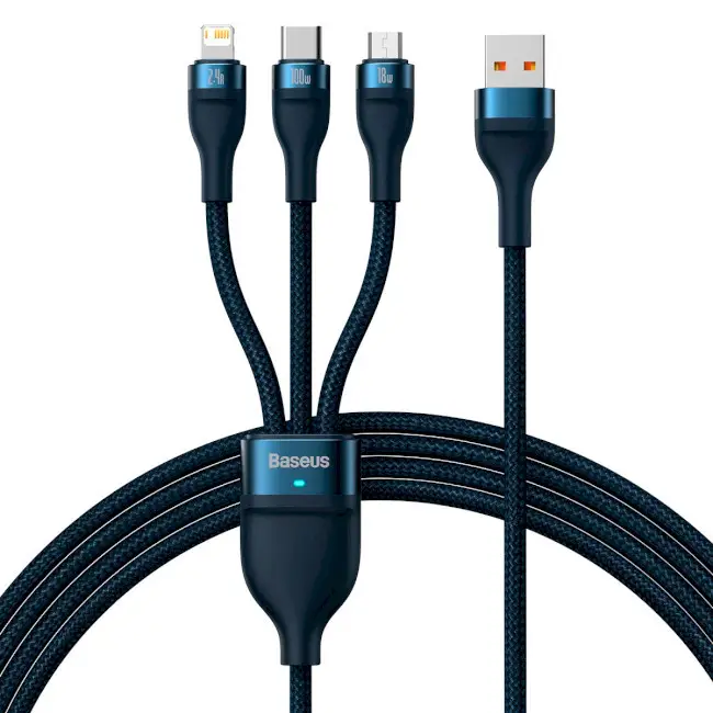Кабель BASEUS Flash Series II 3в1 Cable USB to MicroUSB/Lightning/Type-C CASS030003 100W 1,2 м Blue - фото 1 Кабель BASEUS Flash Series II 3в1 Cable USB to MicroUSB/Lightning/Type-C CASS030003 100W 1,2 м Blue - фото 1
