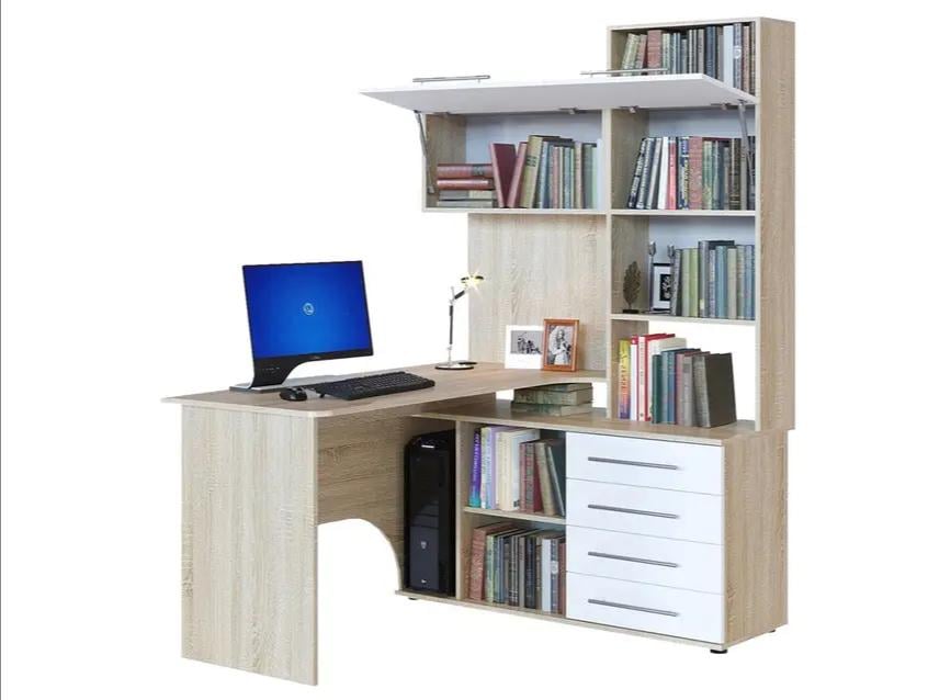 Комп'ютерний стіл кутовий з надбудовою з білим фасадом Дуб сонома (1116778) - фото 2 Комп'ютерний стіл кутовий з надбудовою з білим фасадом Дуб сонома (1116778) - фото 2