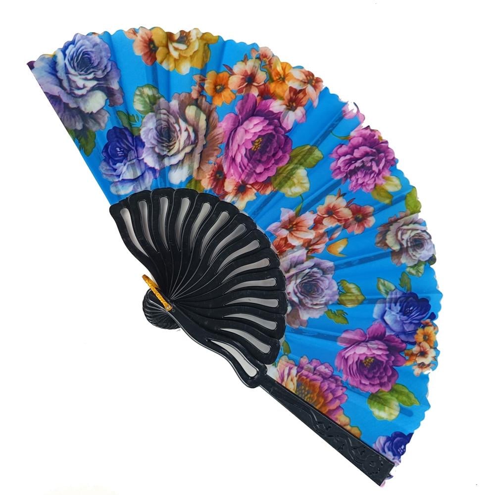 Веер ручной с цветами 23х43 см Голубой (В5711)