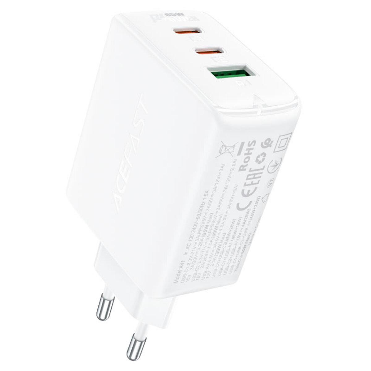 Зарядное устройство для быстрой зарядки ACEFAST A41 65W PD/QC 3.0 GaN 2Type-C+USB White (527964) Зарядное устройство для быстрой зарядки ACEFAST A41 65W PD/QC 3.0 GaN 2Type-C+USB White (527964)