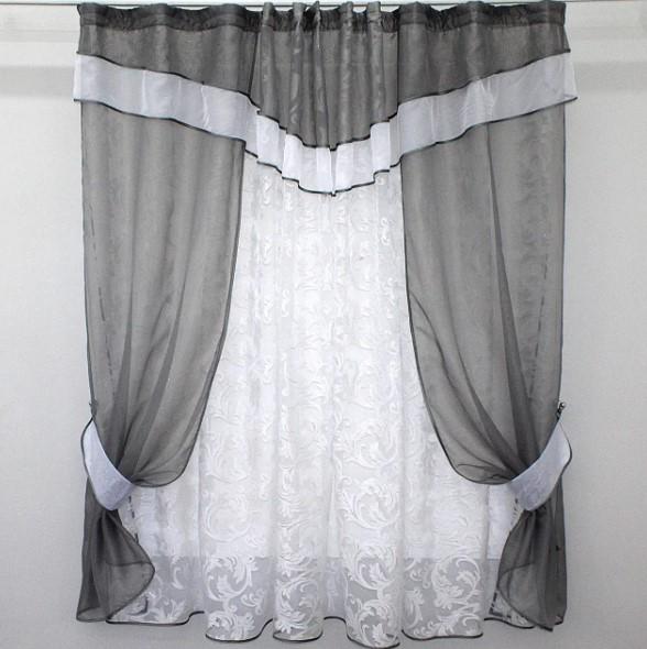 Шторки кухонные с подвязками 270х170 см Графитовый/Белый (081к)