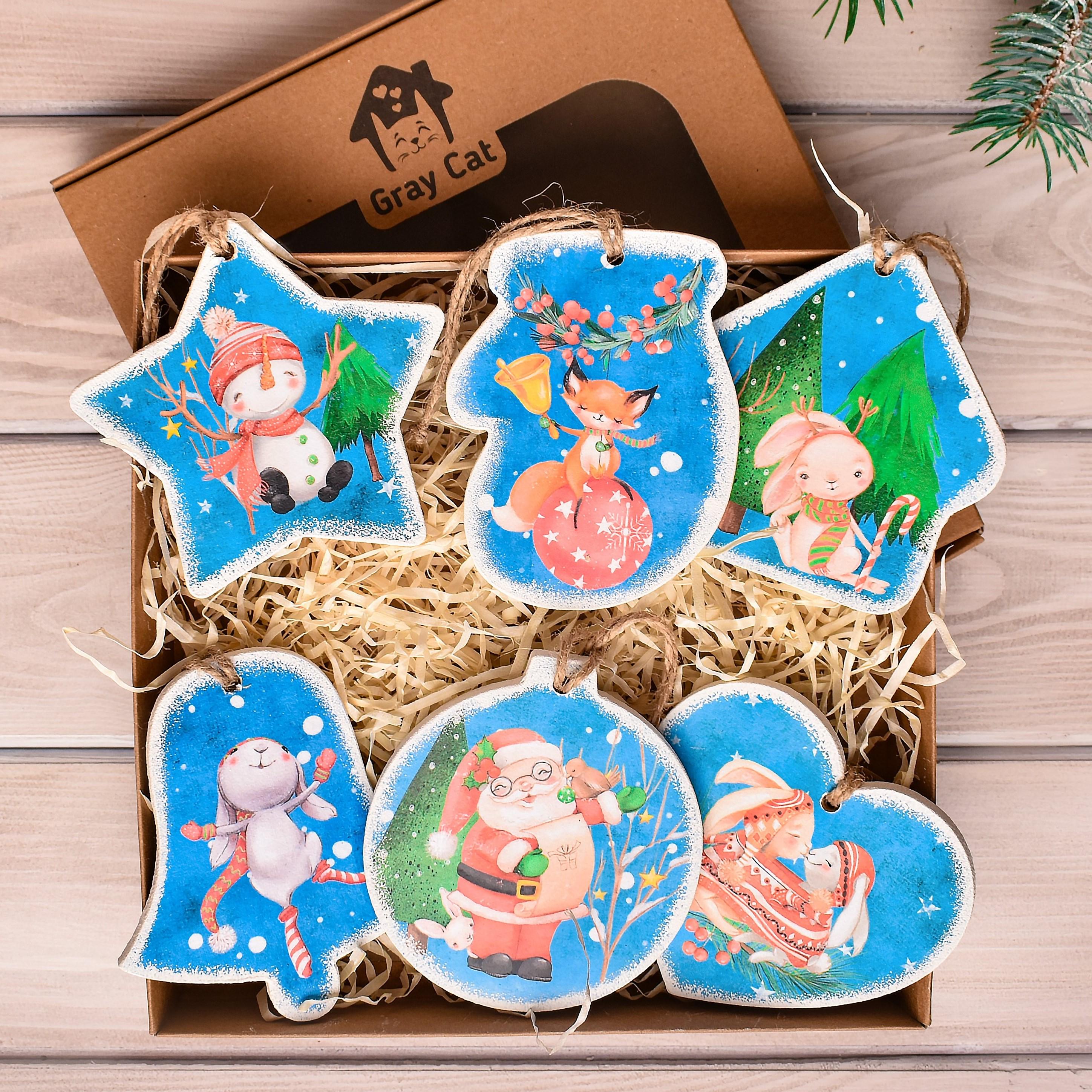 Новогодние игрушки из дерева Лесные жители GrayCat 6 шт. 9 см