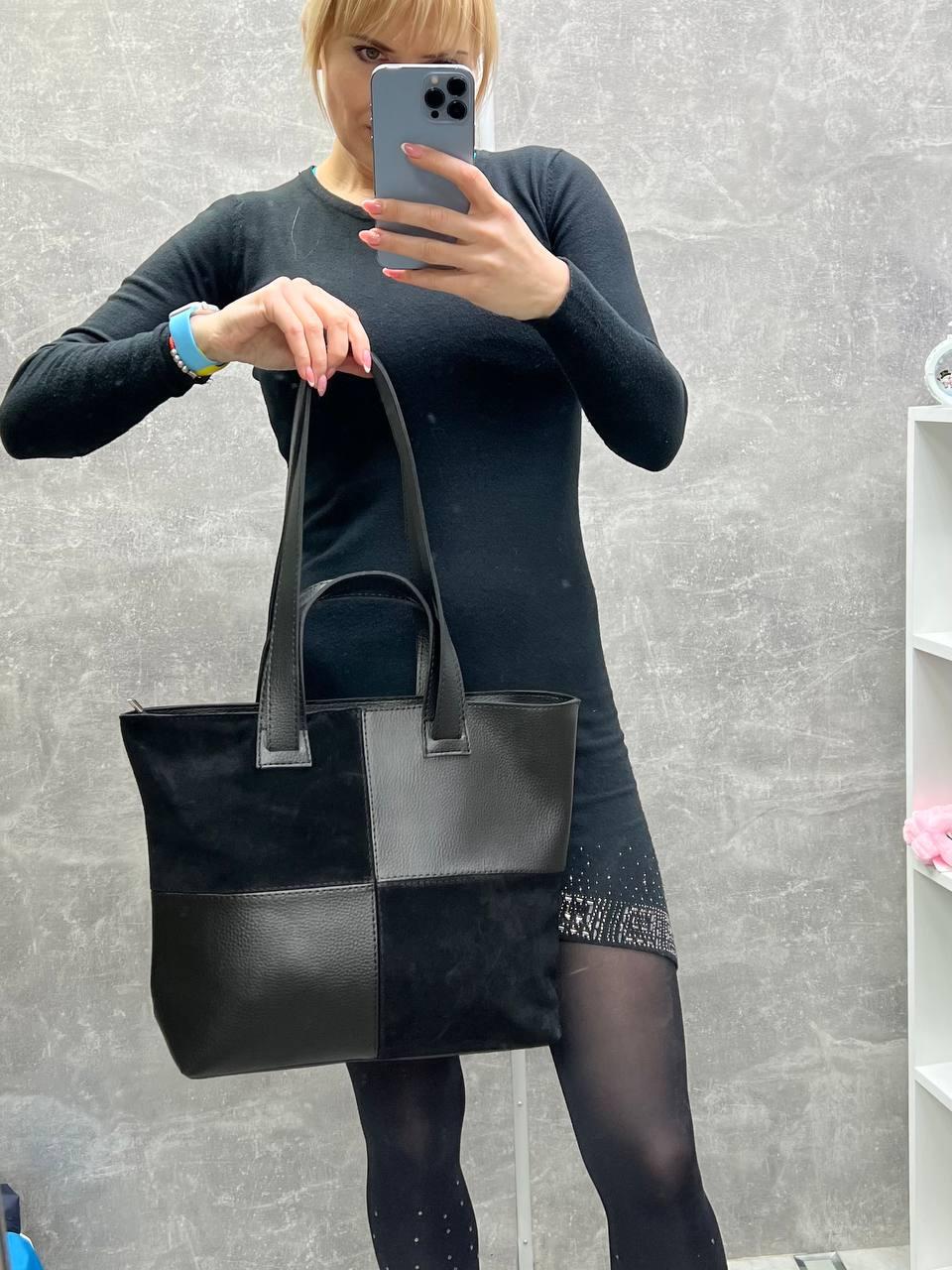 Сумка красивая женская на плечо замш большая экокожа вмещает А4 Черный - фото 6