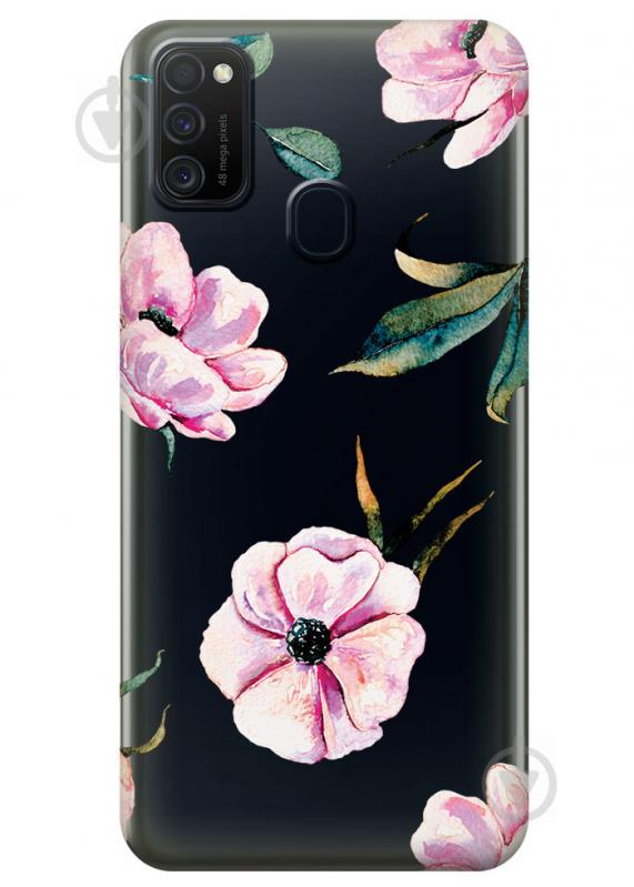 Прозрачный силиконовый чехол iSwag для Samsung Galaxy M21 с рисунком - Пионы (M1730)