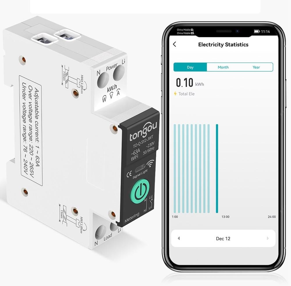 Выключатель автоматический Tongou 1P+N WiFi с мониторингом электроэнергии и реле 1-63А (19573460) - фото 5