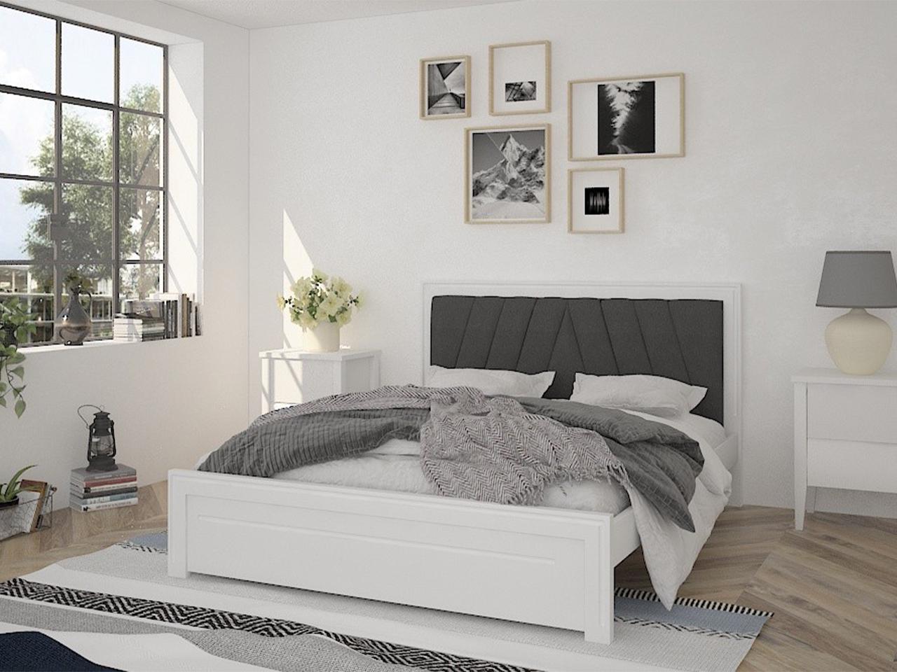 Кровать двуспальная MebiGrand Торонто Т2 с мягким изголовьем/с ламелями/без матраса натуральное дерево/ткань Аляска 10 160x200 см Белый/Черный (51865) Кровать двуспальная MebiGrand Торонто Т2 с мягким изголовьем/с ламелями/без матраса натуральное дерево/ткань Аляска 10 160x200 см Белый/Черный (51865)