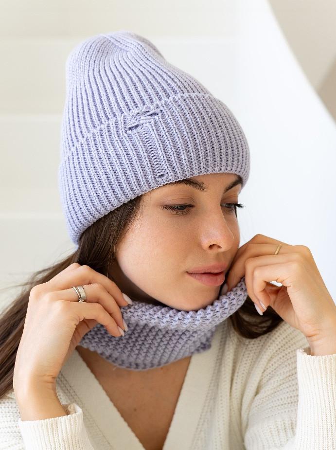 Шапка і хомут жіночі в’язані 1 з вовни з відворотом Блакитний (2760058264)