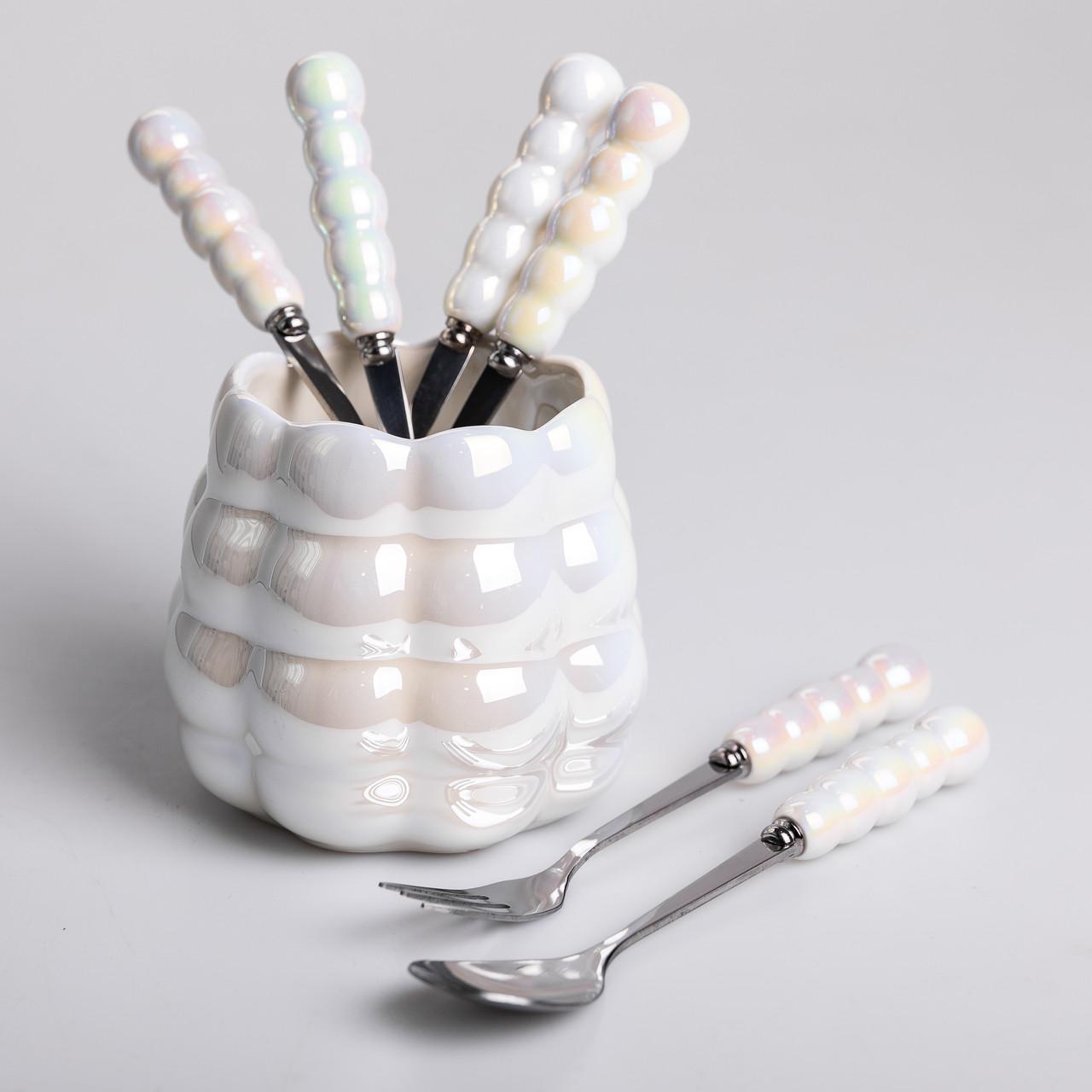 Набір десертних виделок і ложок на 3 персони з підставкою 7 пр. Перламутровий - фото 9 Набір десертних виделок і ложок на 3 персони з підставкою 7 пр. Перламутровий - фото 9