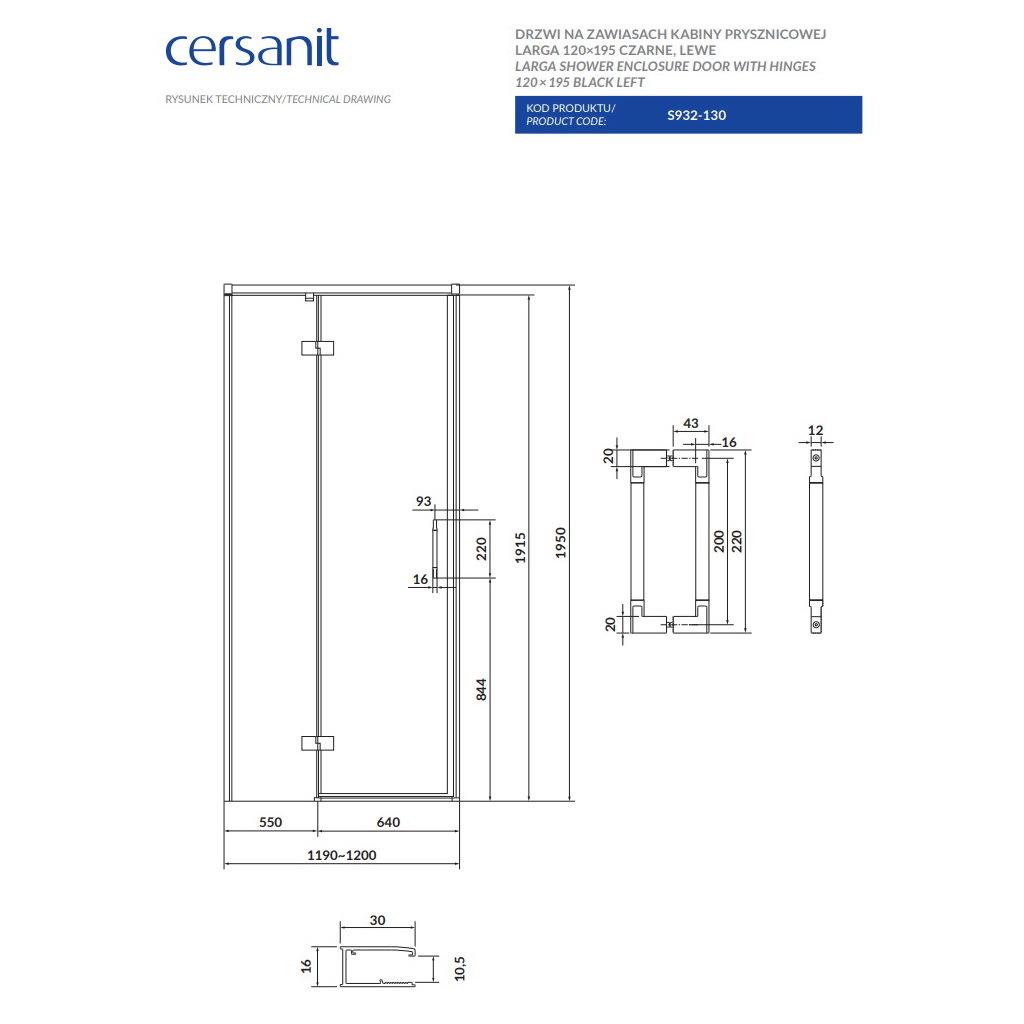 Душові двері у нішу Cersanit Larga L S932-130 120x195 см профиль Чорний (247176) - фото 2 Душові двері у нішу Cersanit Larga L S932-130 120x195 см профиль Чорний (247176) - фото 2