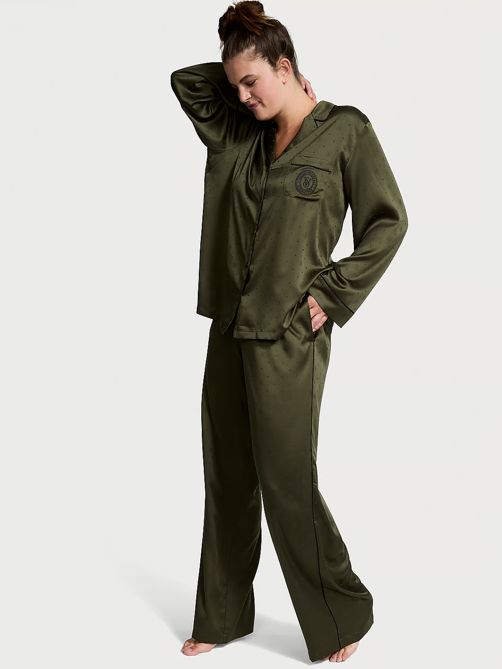 Піжама жіноча Victoria's Secret Satin Long Pajama Set сатинова L Оливковий (25715100)