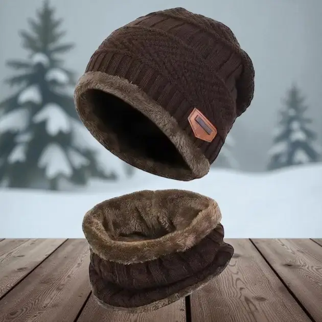 Комплект мужская шапка со снудом на меху One Size Коричневый (30230738)