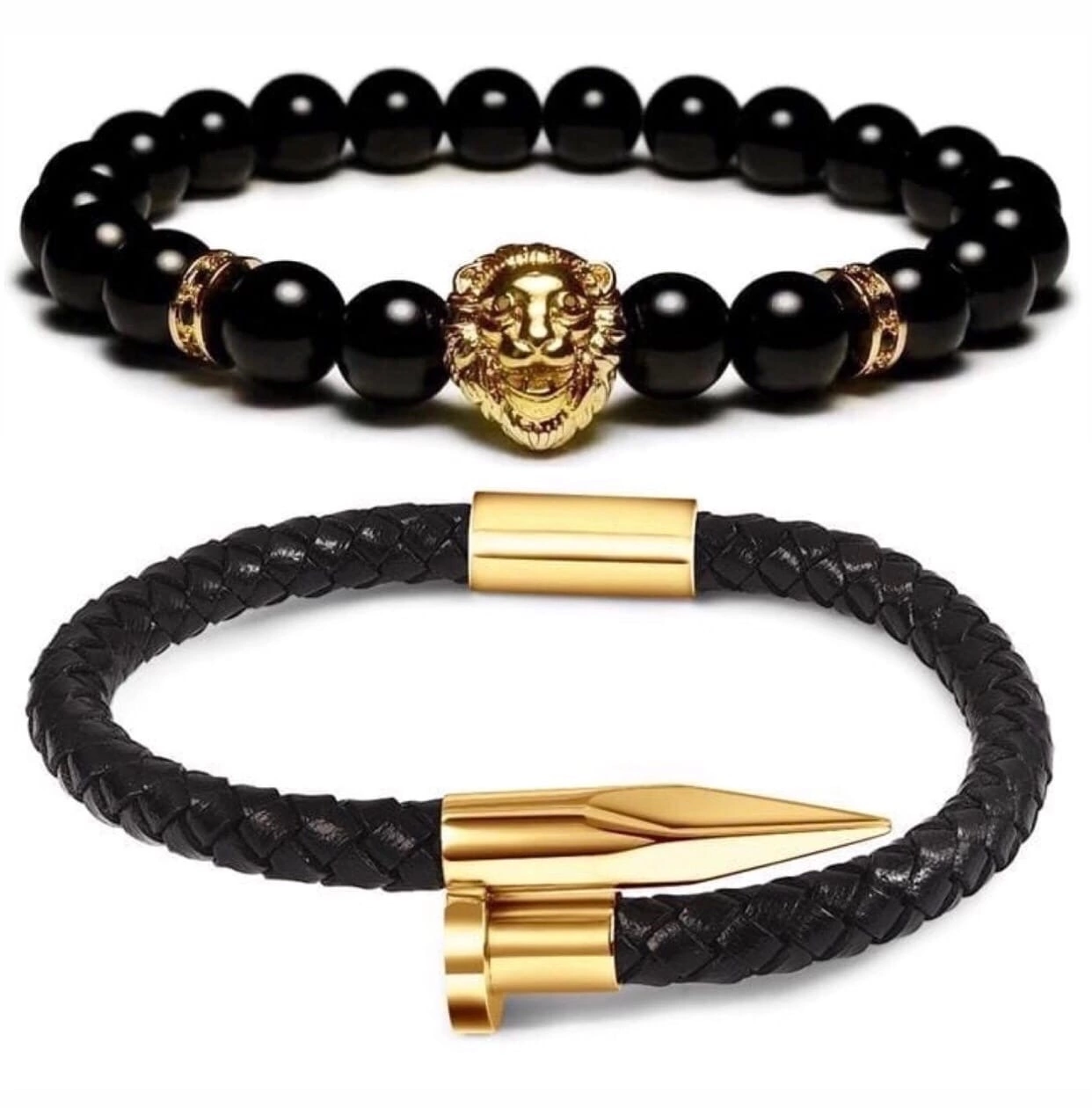 Комплект браслетів зі шкіри у формі цвяха та агату з левом р. 17 (12104)