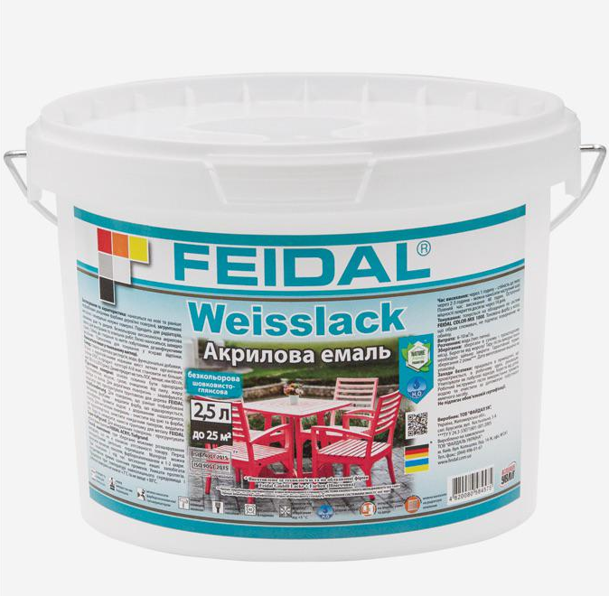 Эмаль акриловая Feidal Weisslack база тонировки в темные цвета шелковистый глянец 2,5 л Бесцветный