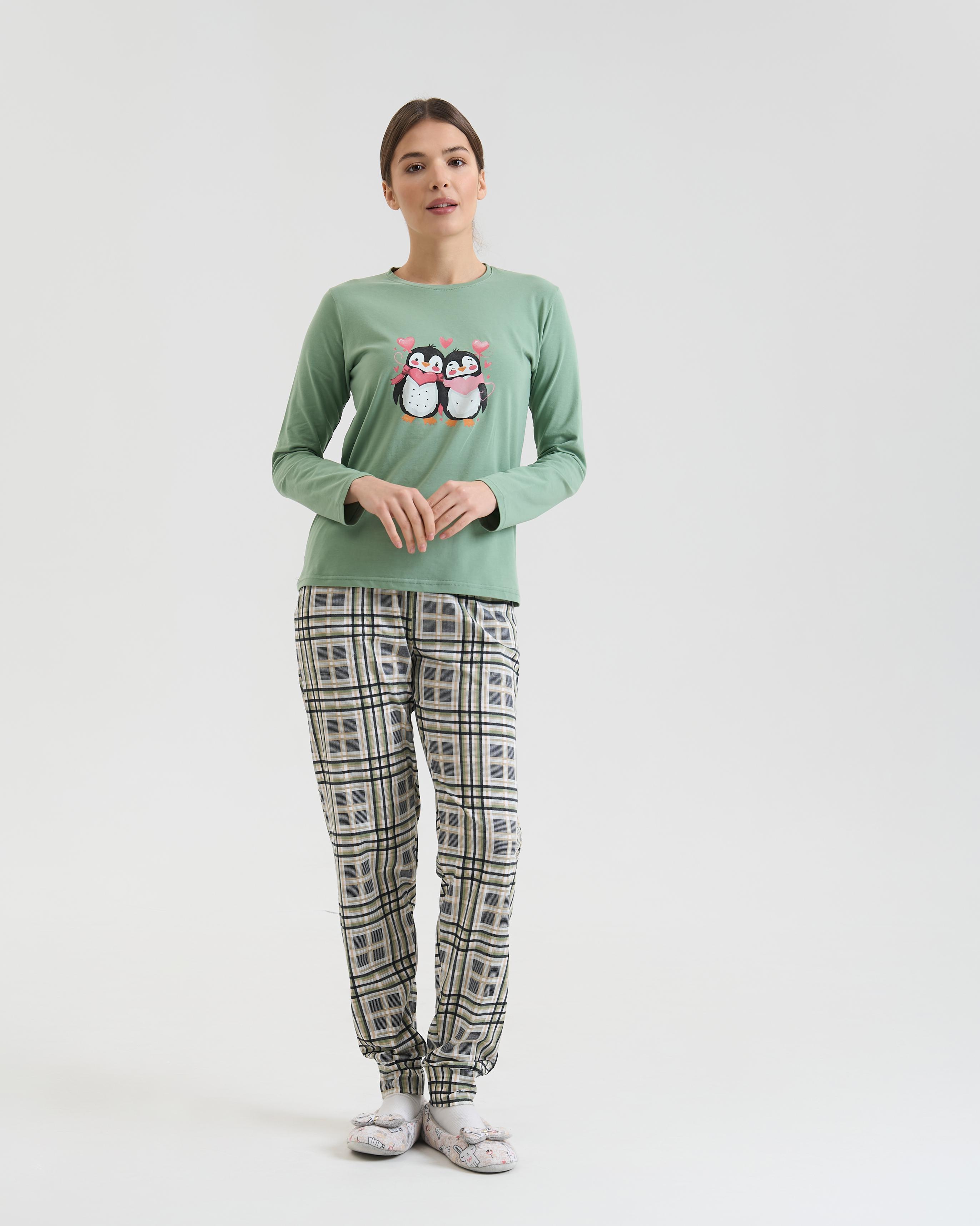 Комплект женский со штанами Пингвины Family look 96830 XL Зеленый