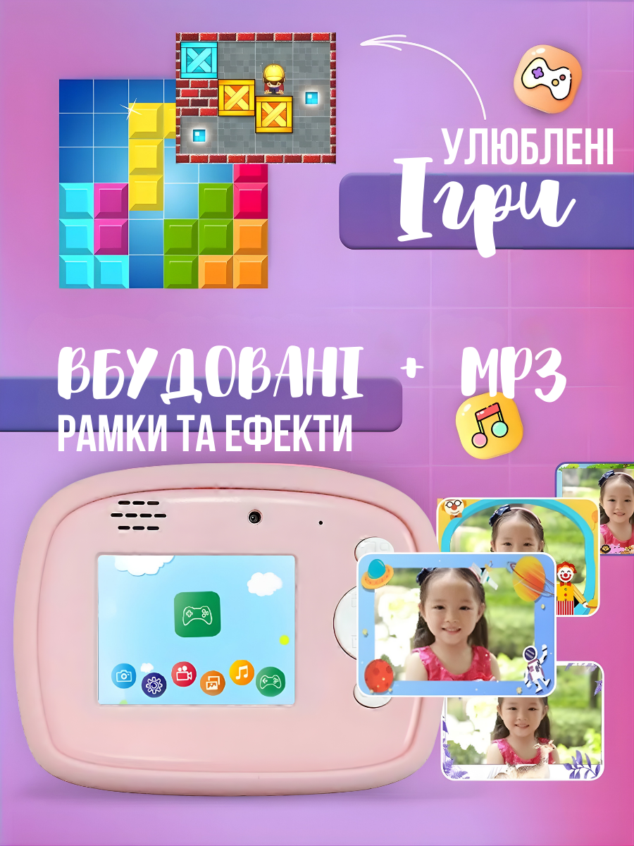 Фотоапарат миттєвого друку дитячий Єдиноріг USB Full HD з відео та термопапером 2,4" 12 мП Рожевий (5068766627) - фото 4