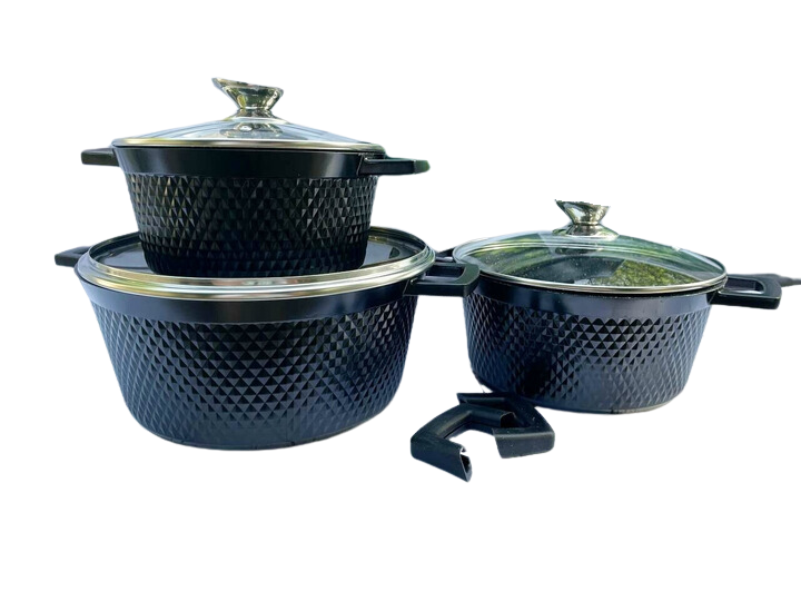 Набор кастрюль с крышками Benson BN-394 из литого алюминия с антипригарным мраморным покрытием 2,5/4,2/6,4 л 6 пр. черный (BN-394)