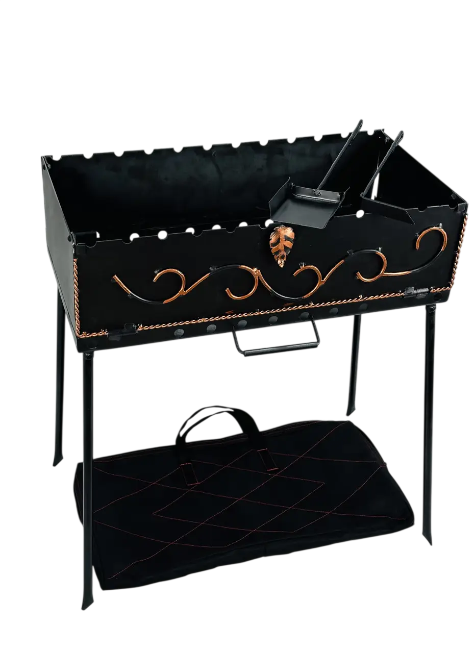 Мангал-чемодан кованый GrillMaster MG-5062 на 12 шампуров 2 мм с чехлом/кочергой/совком 60х30х70 см Черный (10-164-MG-5062)