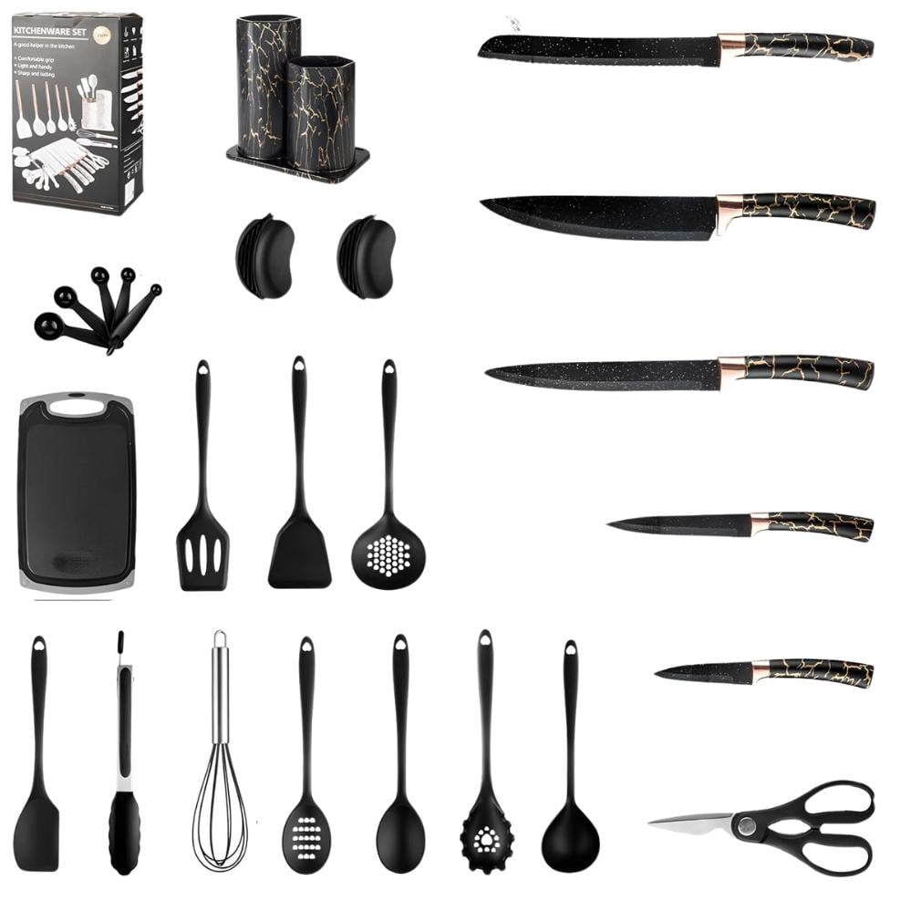 Набор кухонных принадлежностей с двойной подставкой/разделочной доской/набором ножей/прихватками 25 пр. Черный (120.1742) - фото 5 Набор кухонных принадлежностей с двойной подставкой/разделочной доской/набором ножей/прихватками 25 пр. Черный (120.1742) - фото 5