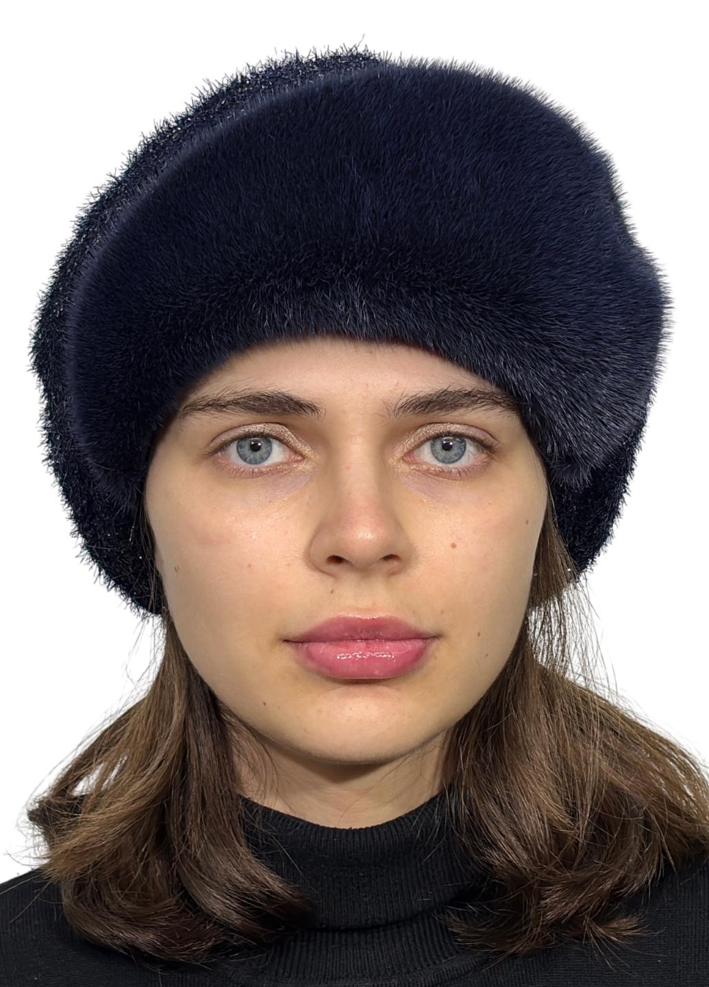 Женский зимний берет Меховой стиль Восьмиклинка с натуральной цельной норкой XL-XXL Синий ирис (133/A/1)