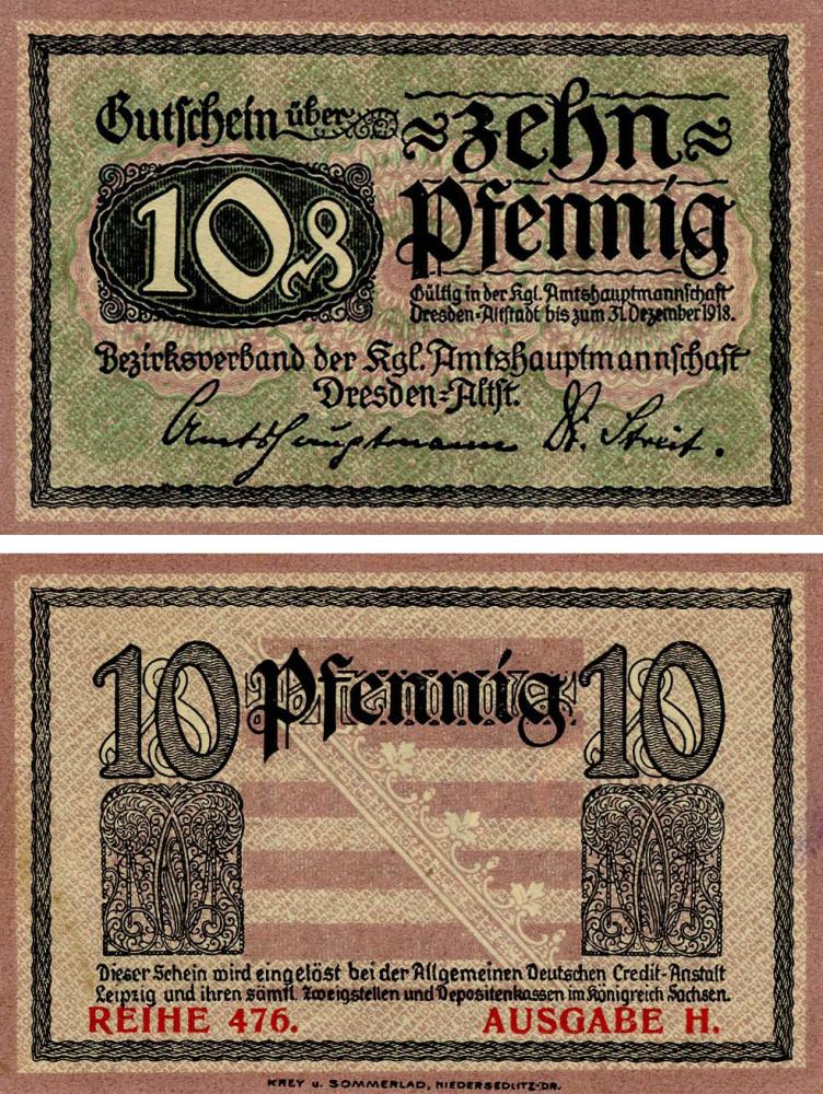 Коллекционная банкнота Германия Нотгельд 10 пфеннигов 1918 F-VF Дрезден (Б18486)