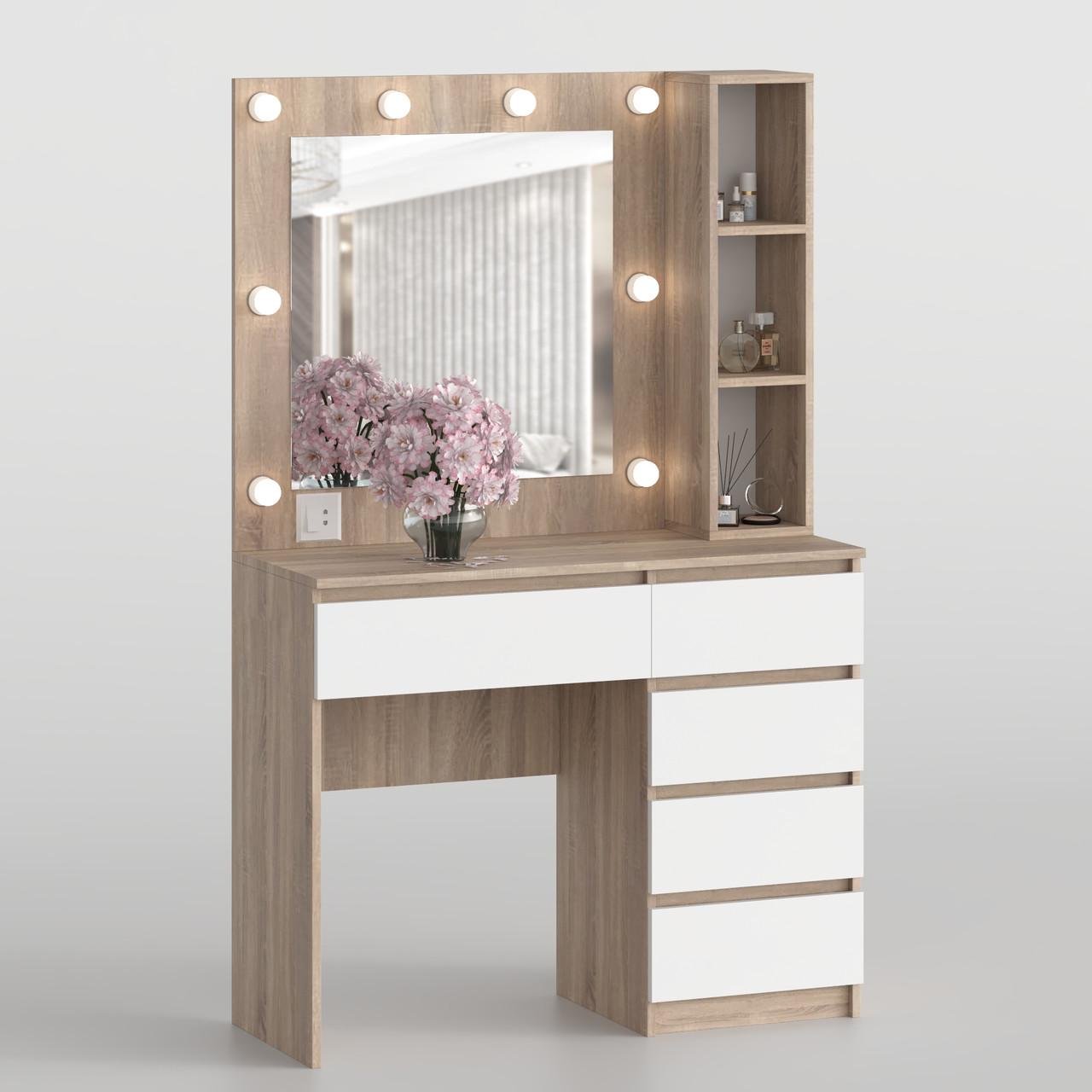 Туалетний столик New and Classic із квадратним дзеркалом 1600х1000х400 мм Дуб сонома/Білий