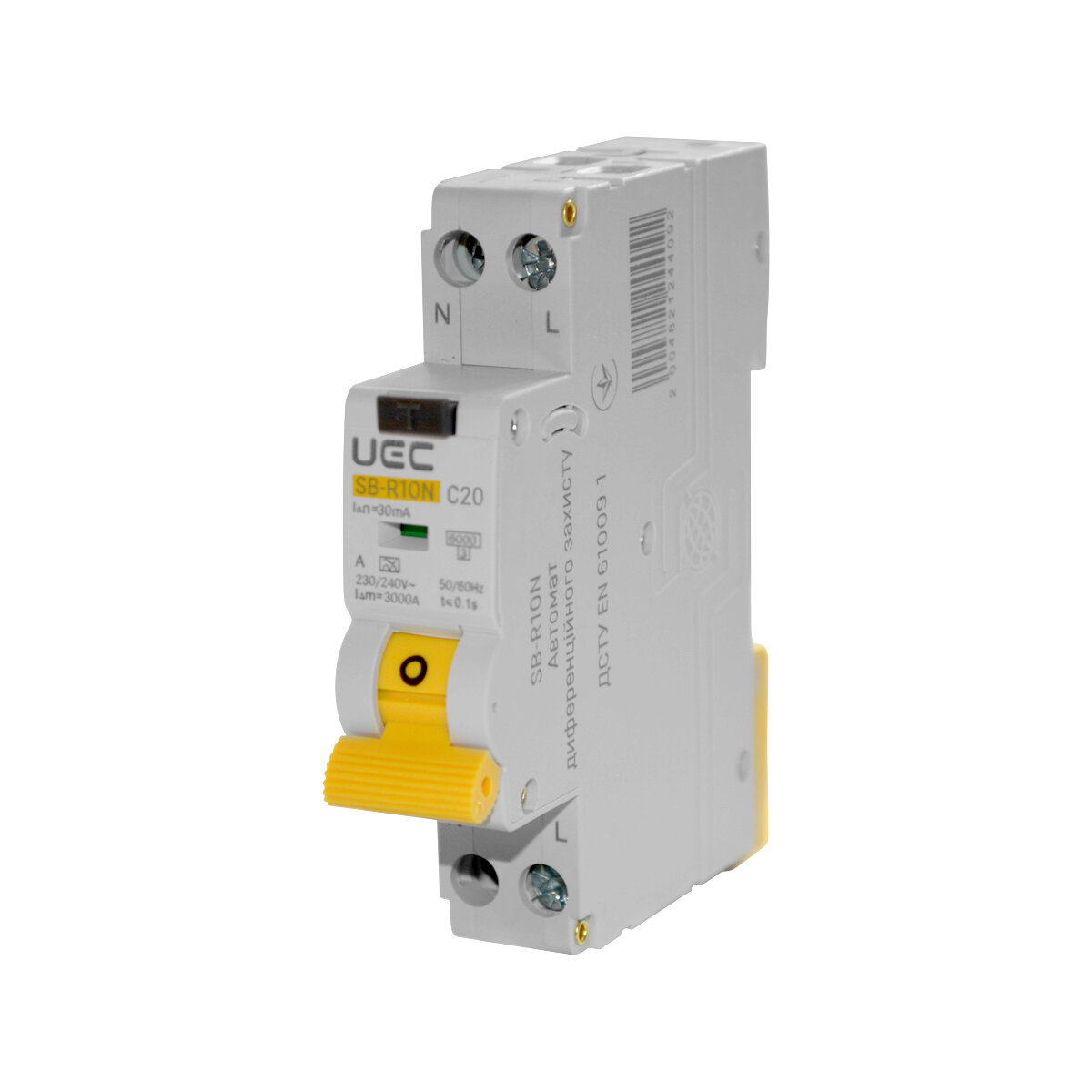 Диференційний вимикач UEC SB-R10N 2P/20А/30мА/6кА C тип А (RCBO-R10N-2-020-C-030-A)