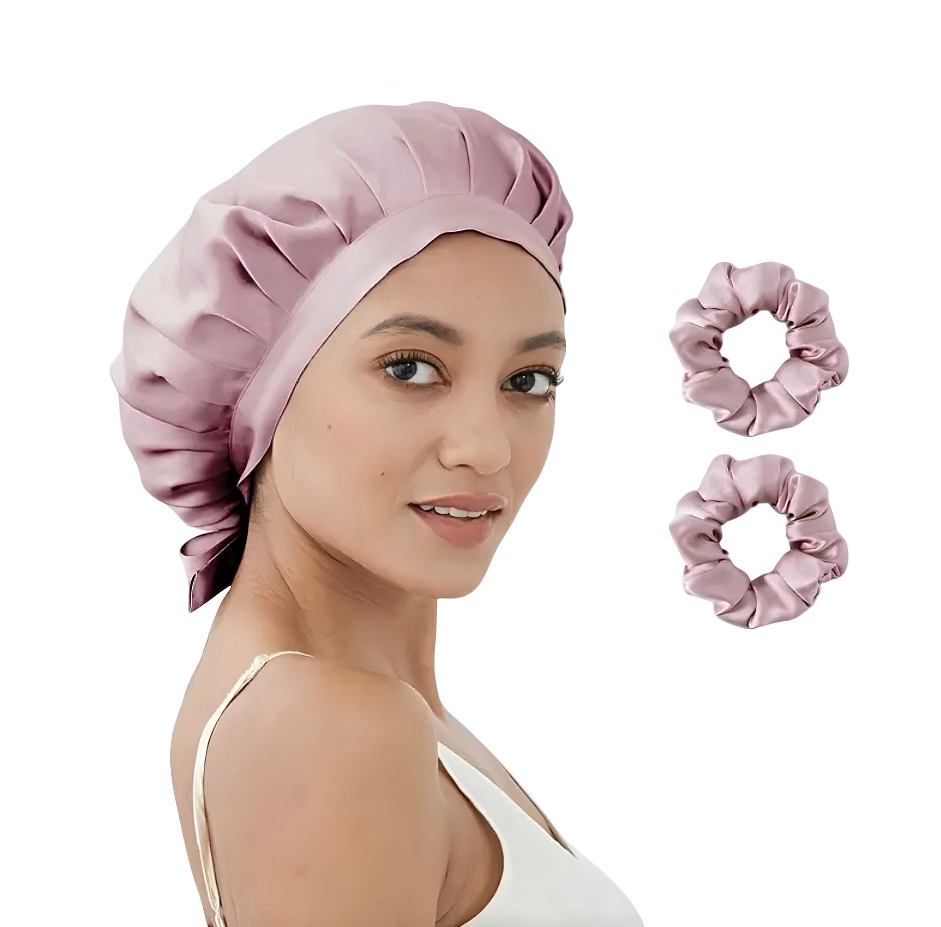 Шапочка для сна шелковая с мулберри и 2 большие шелковые резинки для волос Античная роза