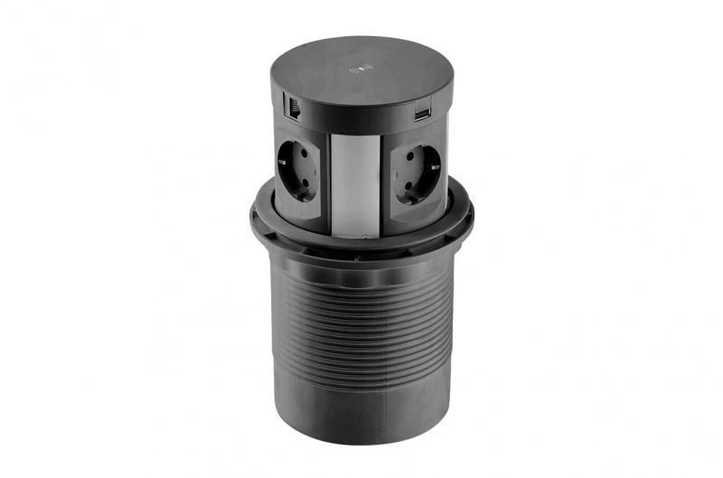 Удлинитель врезной круглый GTV COMFORT PLUS 120 мм 4xSchuko 2xUSB 2xRJ45 индукционная зарядка 5W кабель 1,5 м Черный (011216)