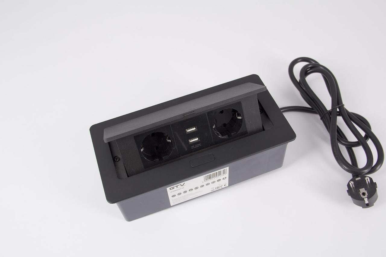 Розетка встроенная горизонтальная GTV на 2 вилки 2USB Soft Черный (AE-PBSUC2GS-20N)