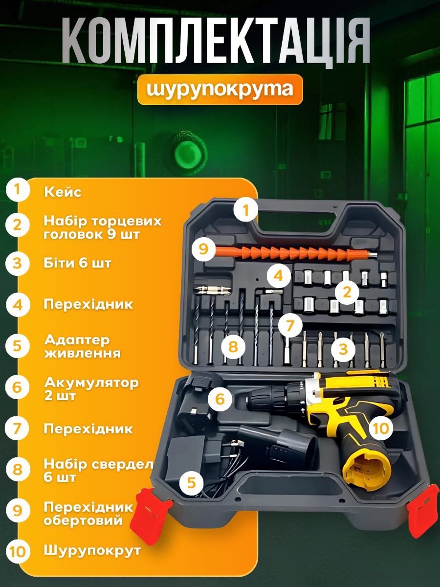 Дриль-шуруповерт акумуляторний 12V 1350 об/хв 24 предмети Жовто-Чорний (1663582196) - фото 6