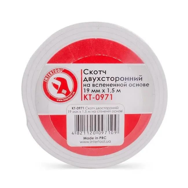 Скотч двосторонній Intertool KT-0971 на спіненій основі 19 мм 1,5 м (10444349)