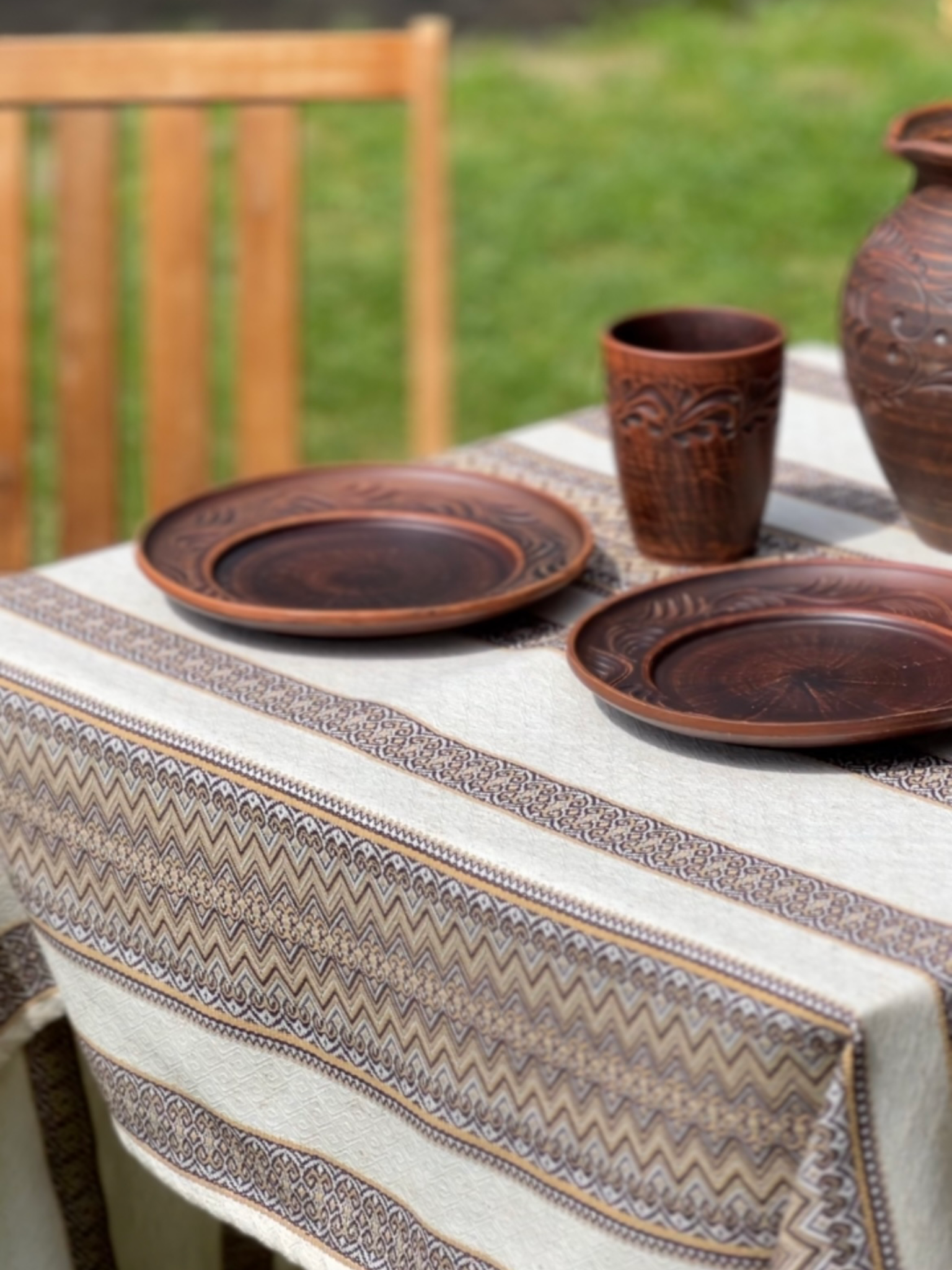 Скатертина лляна великодня Стожари з українським орнаментом 220x150 см Коричневий (1907-4) - фото 3 Скатертина лляна великодня Стожари з українським орнаментом 220x150 см Коричневий (1907-4) - фото 3