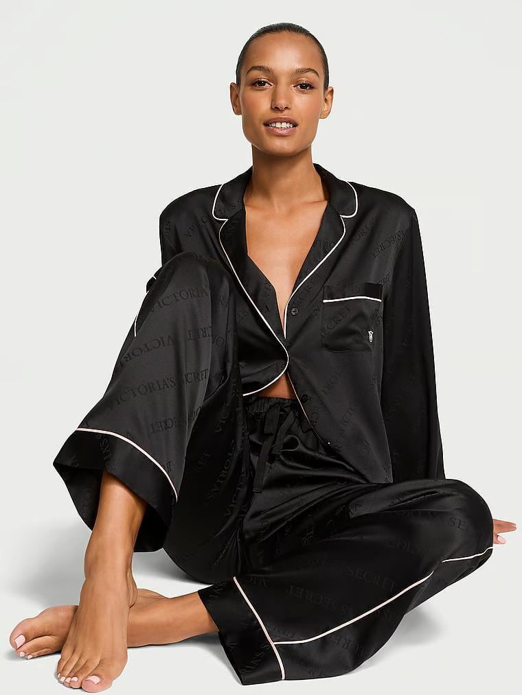 Піжама сорочка/штани сатинова Victoria's Secret Glazed Satin Long Pajama Set XS Чорний (26930155)