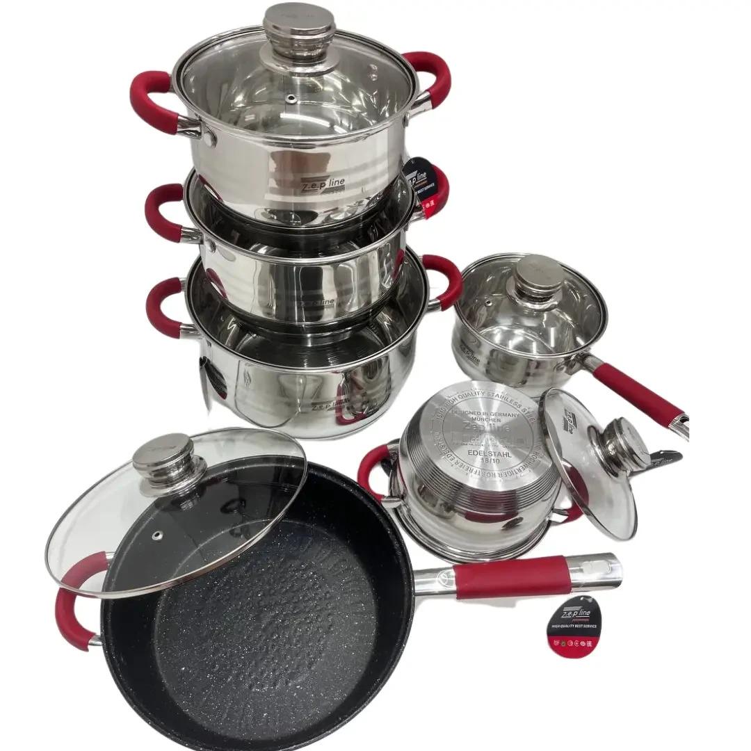 Набор посуды кухонный Zepline ZP-115 из нержавеющей стали с толстым дном 12 предметов Красный (A54789)