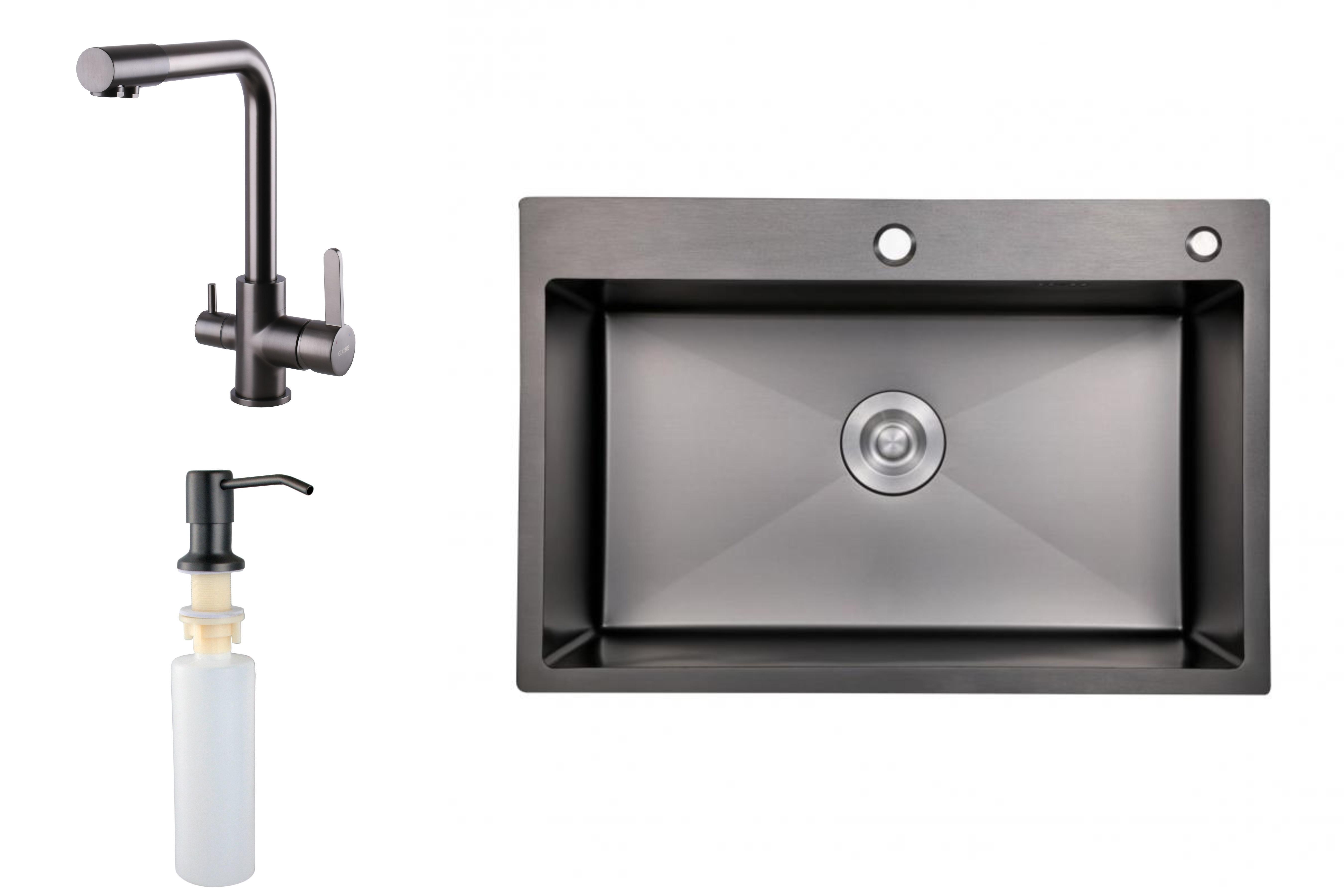 Мийка для кухні з нержавіючої сталі зі змішувачем під осмос з дозатором 50х50 см Чорний (785252)