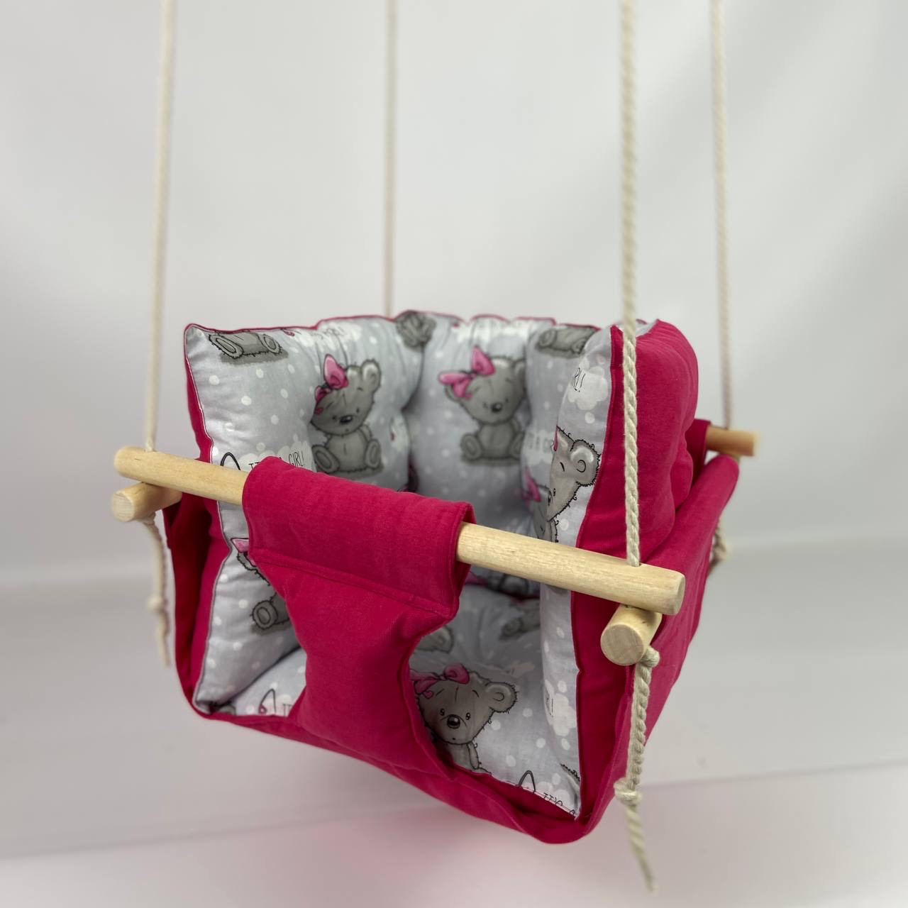 Подвесные детские качели Премиум из микровелюра с мишками Фуксия (gs-8795)